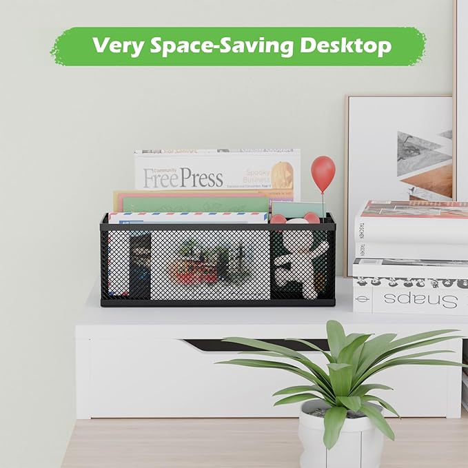 Mail Holder Countertop, Mail Organizer with 2 Slots, Mail Basket Wall Mounted Desktop Mail Sorter Letter Holder Box Envelope Organizer for Home Office, Black