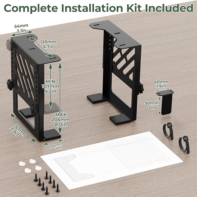 Under Desk Mount Holder for NAS, Mini PC, CPU, UPS, DVD, Label Printer, SFF Desktop Tower, Xbox Series S, Xbox One S/X, Xbox 360, PS4 Slim/Pro, Adjustable Height Under Desk PC Mount with Cable Straps