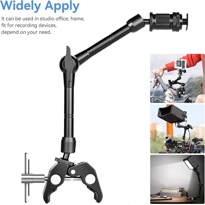 UTEBIT 11" Adjustable Magic Arm with Super Clamp, 360 Ball Heads with ARRI 1/4" & 3/8" Thread Screw for Flash/LED Light/Microphone/Monitor, Compatible with SmallRig Camera Cage, Max Load: 4.4lb/2kg