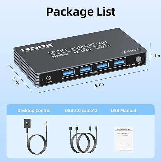 4K@120Hz HDMI Kvm Switch 1 Monitors 2 Computers 8K@60Hz Monitor KVM Switches, 4 USB3.0 Ports for 2 PC Share Mouse Keyboard Support PoC EDID Button Switch Plug and Play Zero Latency