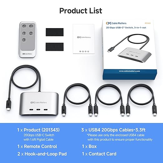 Cable Matters 20Gbps USB C Switch, 3-in-1-Out, Supports Up to 8K@30Hz on Windows, 4K@60Hz on macOS, 140W PD, for Sharing a USB-C/Thunderbolt 4 Monitor or Dock (Not Work with Captive Cable Docks)