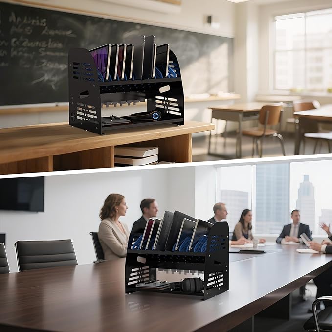 10-Device Charging Station with Power Strip – Open Charging Cabinet for Chromebooks, Laptops & Tablets up to 14” – Classroom Organization for iPads, Tablets & More, Ideal for Schools & Offices