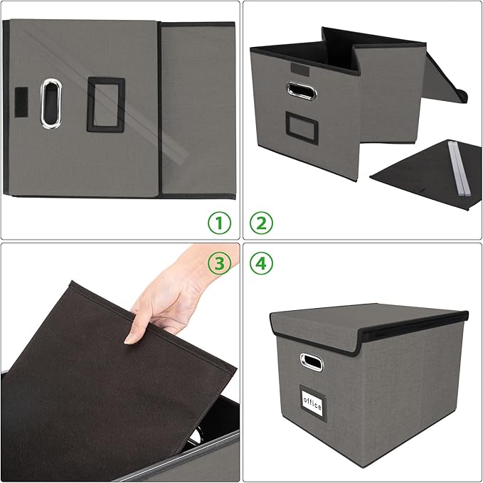 File Organizer Box with Lid, Collapsible File Folder Organizer for Office Document Storage, Filing Box with Plastic Slide for Letter Size Hanging File Folders(1 Pack, Smoky Grey)