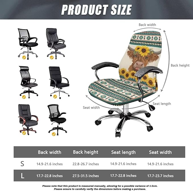 Talayituse Highland Cattle Aztec Tribe Geometric Sunflower Print Office Chair Covers, Stretch Computer Chair Cover, Universal Boss Chair Covers Modern Simplism Style High Back Chair Slipcover, Small