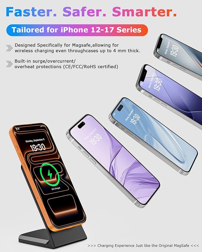 Magnetic Wireless Charger for iPhone, 15W Phone Charger Stand for iPhone/Samsung/Google(Matt Black)