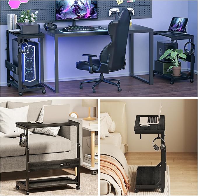 Height Adjustable Computer Tower Stand with Charge Station and USB Charging Port, 2-Tier ATX-Case Cart, Under Desk Mobile PC Stand, CPU Holder Cart with Locking Caster Wheels for Fits Most PC