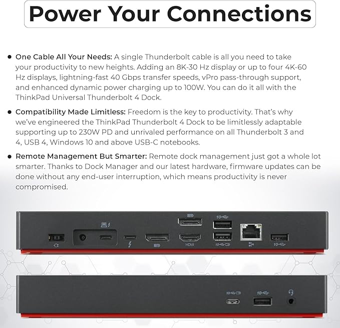 40B00300US Lenovo Docking Station USB C Bundle - 1 Year Warranty, Supports 4K Display, Thunderbolt 4 Dock with 300W Adapter, Anyhdd HDMI, DisplayPort, Thunderbolt Cables & Cloth