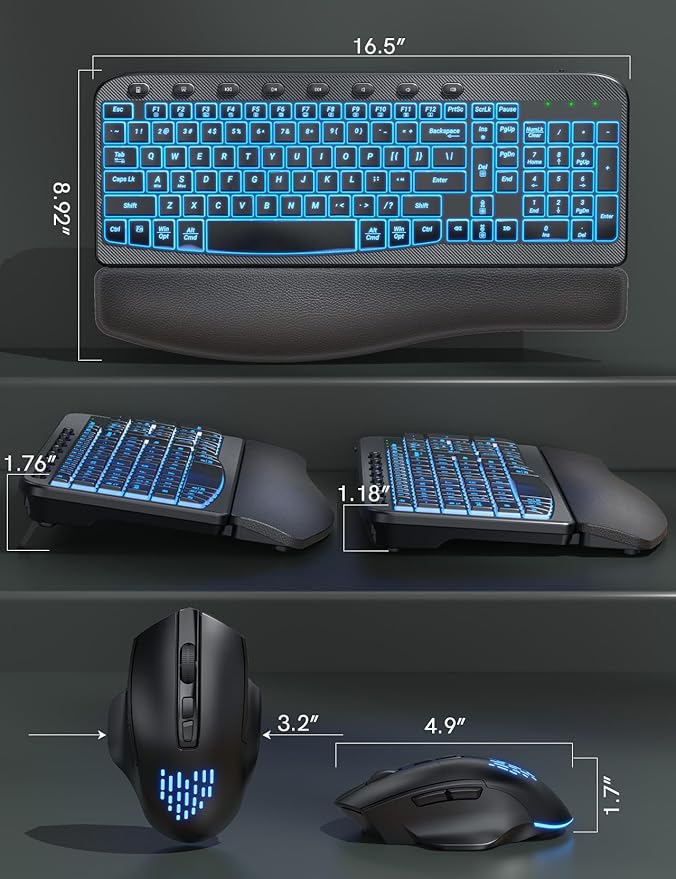 SABLUTE Wireless Keyboard and Mouse Combo Ergonomic - MA12Pro Wave Keyboard with Leather Wrist Rest for Comfortable Typing, RGB Backlit Rechargeable for Windows, Mac, PC, Laptop