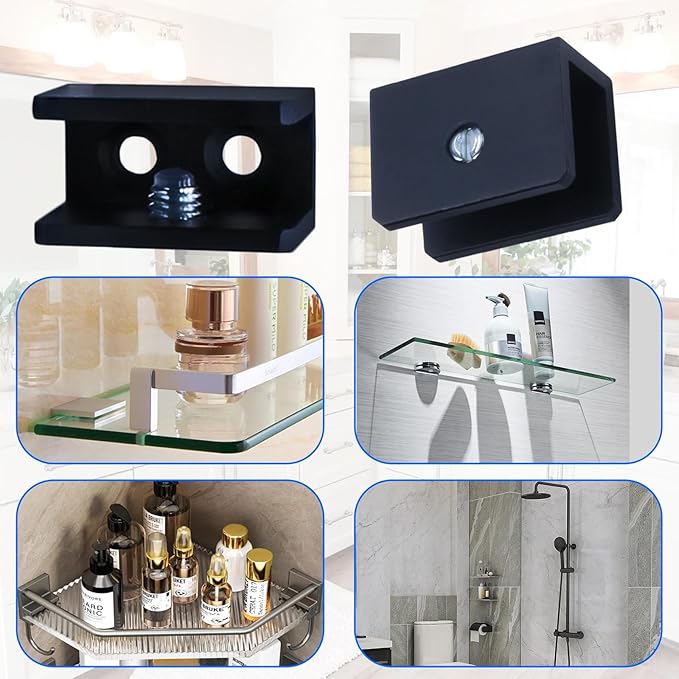 8 Pack Glass Shelf Bracket Floating Shelf Clips, Adjustable Clamp Glass Shelf Holder for 10-12mm Thickness, Shower Brackets Replacement Parts(Black, Rectangle)