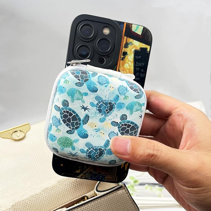 Earbud Case Headphone Organizer Ear Bud Case Portable EVA Carrying Box Storage Bag with Carabiner for AirPods Beats Bose Galaxy Buds 4/3/FE Data Cable Storage (Green Turtle)