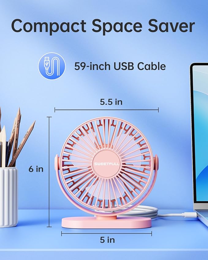 SWEETFULL USB Desk Fan Small Quiet - 3 Speeds Mini Personal Portable Fan 360° Rotation Adjustable, 5.5 Inch Office Table Cooling Gadgets on Desktop (Pink)
