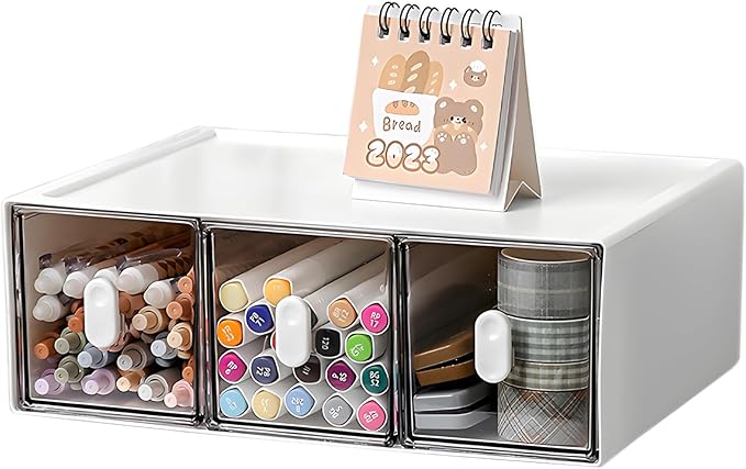 Desktop Storage Drawers, Plastic Desk Organizer with 3 Drawers, Modular Stackable Toolbox Units for Office Stationary, Makeup Container, Bathroom Countertop (1 Tall Layer, White & Clear)