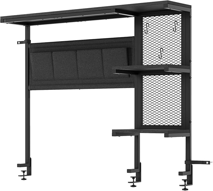 Clamp on Desk Shelf with Pegboard, Above Desk 3-Tier Extender Shelf, Desktop Bookshelf with Hooks, Desktop Organizer for Office Desk Accessories, Tabletop Storage Rack, 38.3" W x 33" H, Black