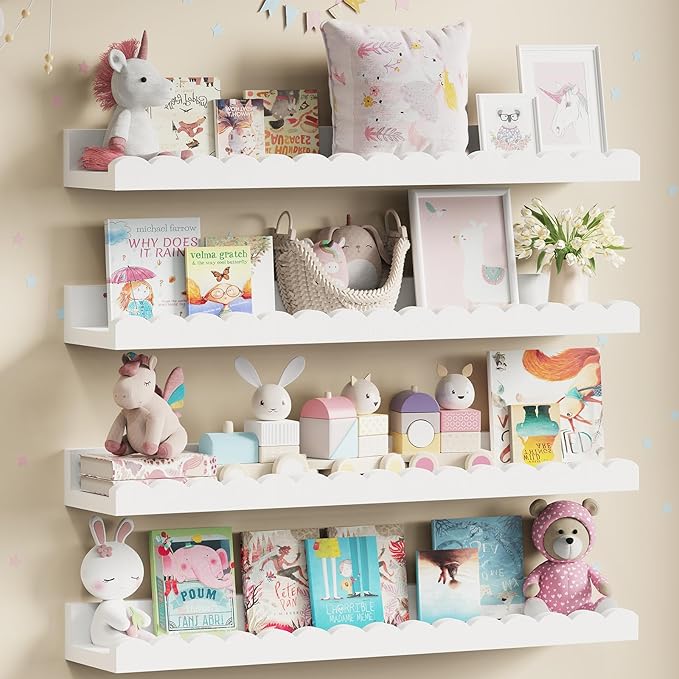 4-Pack 23.5IN Scalloped Shelves, Nursery Shelves for Wall, Floating Nursery Book Shelves for Kids, White