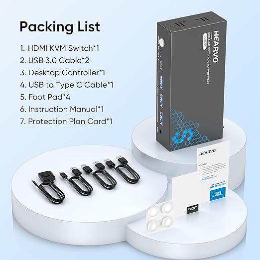 Hearvo HDMI KVM Switch 2 Monitors 2 Computers, USB 3.0,4K@60Hz KVM Switches Sharing of Dual Monitors Keyboard Mouse and Printer Between 2 Computers,with EDID,2 USB Cables and Controller -S7232H2