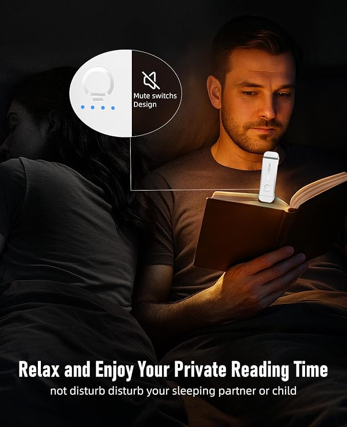 HIONXMGA Book Reading Light,Silent Touch Books Lamp for Reading in Bed,Rechargeable Clip on Booklight with 3 Amber Colors & 7 LEDs Precise Dimming for Eye Caring Night Reading,Book Lovers,Kids,White