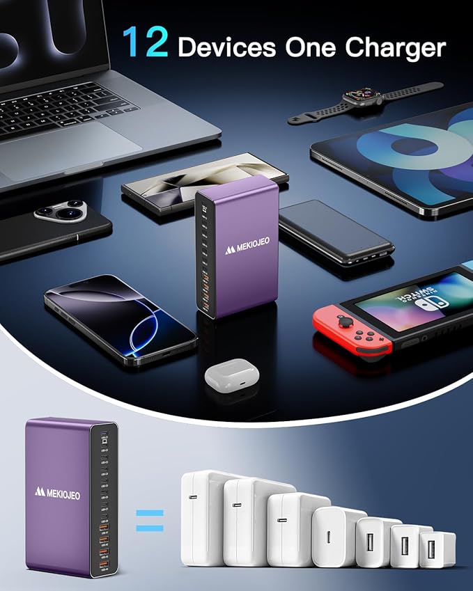 MEKIOJEO Aluminum Alloy 380W 12 Ports powerful USB C Charger Fast USB C Charging Station fridge 65W Laptop GaN Charger for MacBook Pro/Air/iPad Pro/iPhone (Purple)