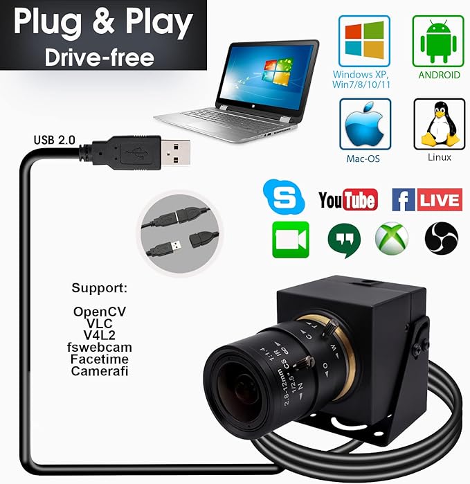 SVPRO 8MP Zoom Webcam for Laptop, 2.8-12mm Lens Manual Focus USB Camera for PC Computer Camera, Windows, Linux, MacOS, Android