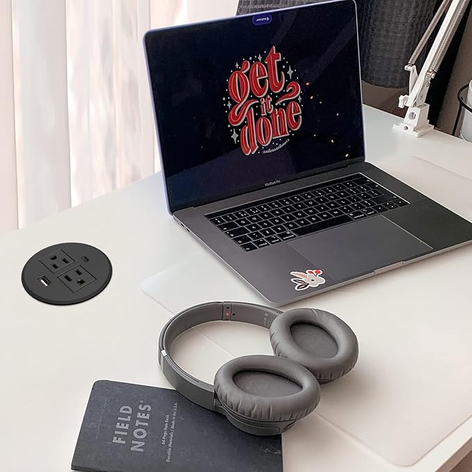 Desk Power Grommet USB C Total 30W, 3.15 Inch PD Fast Charge Desktop Power Strip 2 Outlets 2 USB Ports Recessed Flat Plug Extension Cord Mount into Countertop Shelf Cabinet End Table. (Black)
