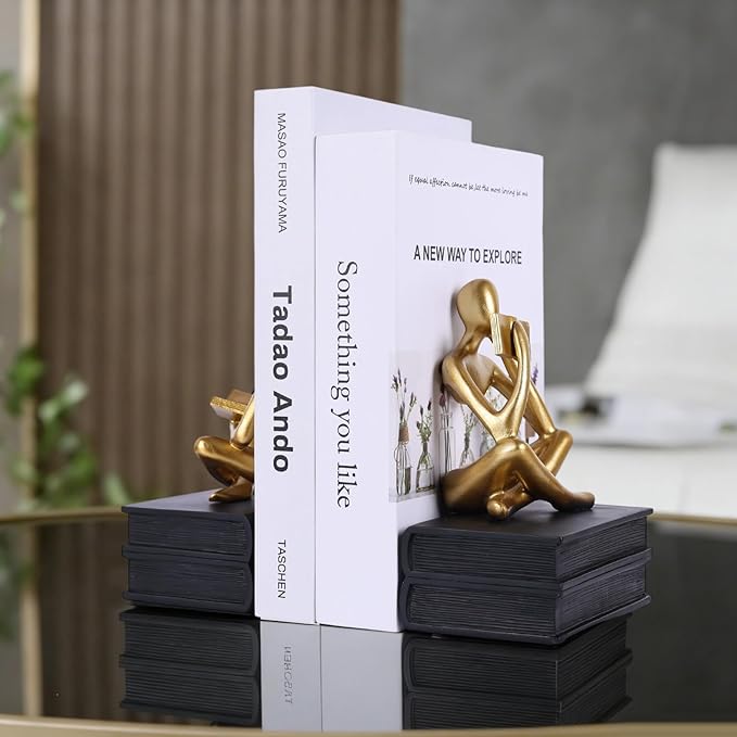 Heavy Duty Book Ends for Shelves, Thinker Bookends Set of 2 Decorative Book Ends for Heavy Books, Modern Unique Shelf Decor for Home Office Living Room Desk