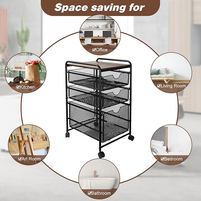EasyPAG 3-Tier Rolling File Cart with 1 Large & 2 Small Baskets – Adjustable Hanging Organizer, Under Desk Storage, Mobile File Cabinet for Home/Office, Black