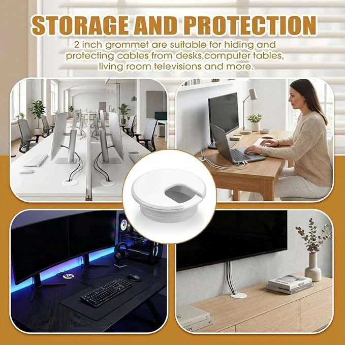 SATINIOR 10 Packs Desk Grommet Plastic Cable Hole Cover to Arrange Wires & Cords PC Desk Cord Wire Organizer Caps Desktop Cord Management Grommet for Home Office Table Desktop (2 Inch,White)