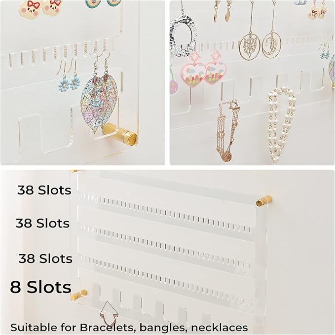 Earring Holder Organizer, 4 Layer Wall Mounted Ear Stud Display Storage, Acrylic Large Capacity Jewelry Organizer Earring Display and Storage for Studs, Dangling, Necklace