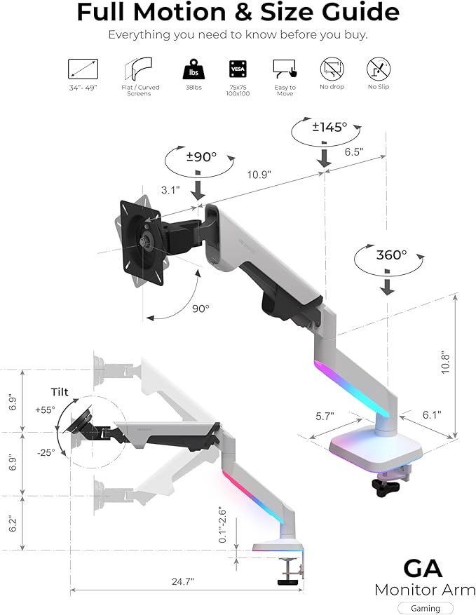 Modernsolid Heavy Duty Ultrawide Monitor Arm with RGB Lighting & USB Charging, Fits 34 to 49 inch Curved Screens, Supports 14 to 38 lbs, Adjustable Desk Mount, Compatible with Gaming Setup, White