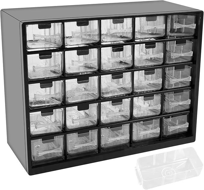 25 Drawers Stackable Storage Cabinet with 50 Removable Dividers, Clear Small Parts Organizer for Hardware, Crafts & Beads, Desktop Drawer Unit for Office Supplies & Teacher Toolbox, 11.5×8.9×4.8 In