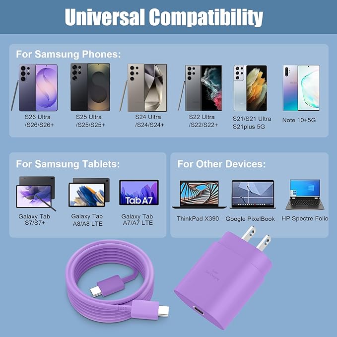 Super Fast Charger Type C,25W PD USB C Wall Charger Block & C to C Cable 6ft for Samsung Galaxy S26/S25/S24 Ultra/S24/S24+/S23 Ultra/S23/S23+/S22/S22 Ultra/S22+/S21 Ultra/S20 Ultra/Note 20/Note 10