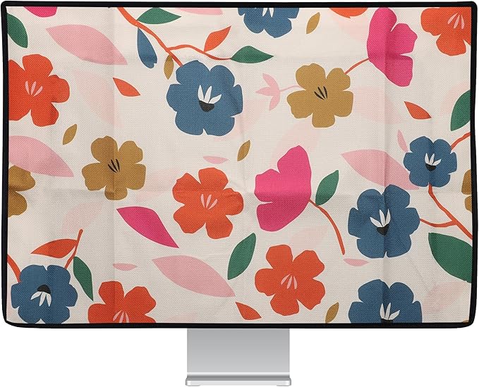 kwmobile Dust Cover for 31-32" monitor - Linen Monitor Protector with Design - Colorful Flowers Dark Pink/Dark Blue/Cream