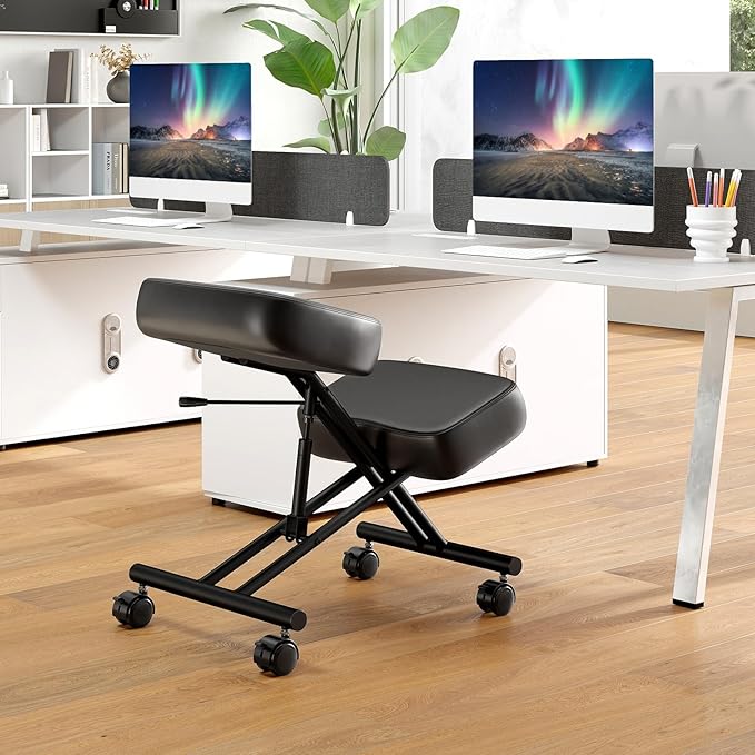 Giantex Ergonomic Kneeling Chair for Office, Knee Stool Chair w/Adjustable Height and Seat Angle to Relieve Pain, Posture Desk Chair w/Lockable Universal Wheels, Thick Padded Cushions, Black (2)