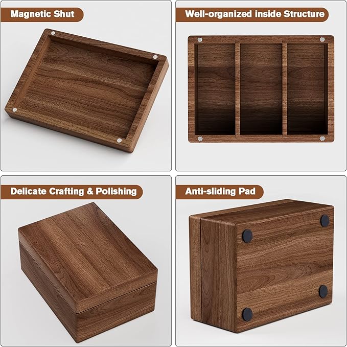 MaxGear Business Card Holder for Desk, 2.2" x 3.5" Walnut Wood Business Card Organizer, Index Cards Box Holds 300 Cards, 3 Divider Boards Includes A-Z Tabs, Desktop Organizers for Office & Home