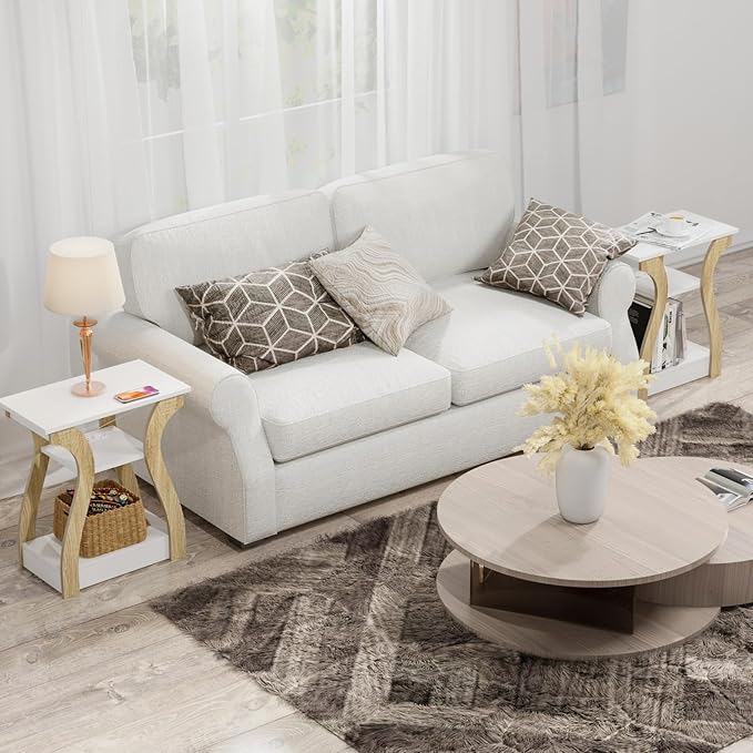 FROMJBEST End Table Set of 2 with Charging Station, Side Table with USB Ports and Outlets, Nightstand, 3 Tier End Table with Storage Shelf for Living Room, Bedroom (White Set of 2)