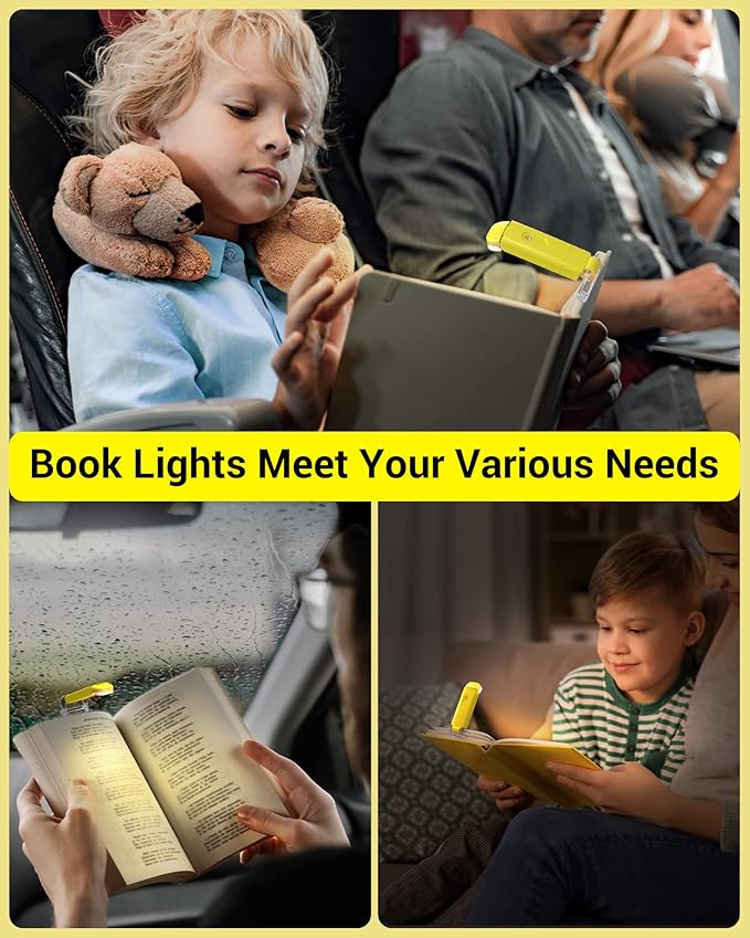 DEWENWILS Rechargeable Book Light for Reading in Bed, Warm White, Brightness Adjustable for Eye Care, LED Clip on Book Lights for Kids, Portable Bookmark Light, Yellow