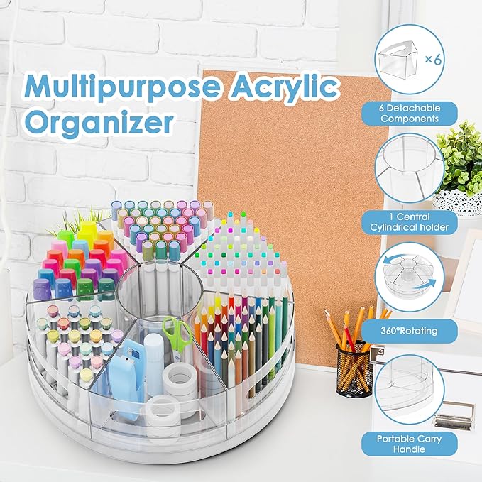CraftGenes Rotating Desk Organizer, 360° Acrylic Pen Organizer for Desk with 7 Removable Compartments, Extra-Large Pen Holder for Office Supplies, Markers, and Art Supplies, Clear Pencil Holder