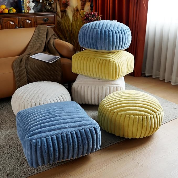 Unstuffed Pouf Ottoman Cover Soft Storage Extra Seat Farmhouse Comfortable Bohemian Poufs Accent Footrest 20x20x8 Inches for Living Room Bedroom Study Nook (Blue, Square)