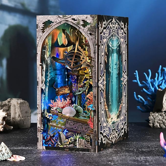 fifijoy Book Nook Kit - DIY Miniature Dollhouse for Adults and Teens, Creative Bookshelf Decor 3D Wooden Puzzle Bookend with LED Light, Unique Gift for Family and Friends (Lost City of Atlantis)