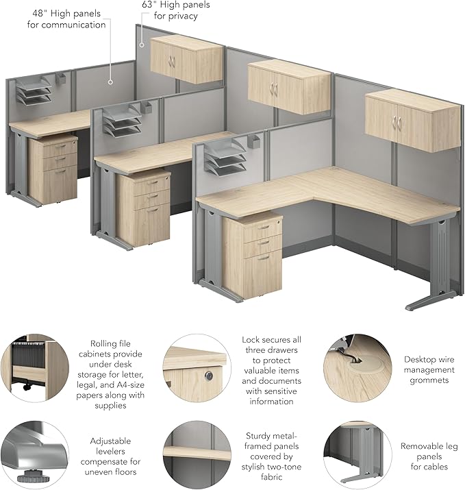 Bush Business Furniture 3 Person L Shaped Cubicle Desks with Storage, Drawers, and Organizers, Office in an Hour Collection, Natural Elm