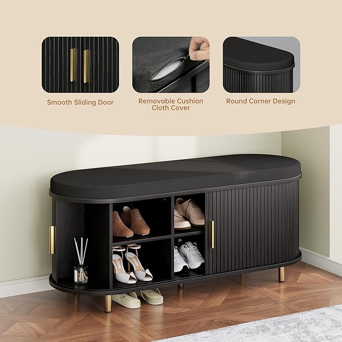 DHH 2-Tier Storage Bench,Wide Shoe Bench with Thickened Padded Seat Cushion, Mid Century Modern Fluted Sliding Door and Adjustable Shelf, for Entryway, Living Room, Bedroom (Black, 43.3“)
