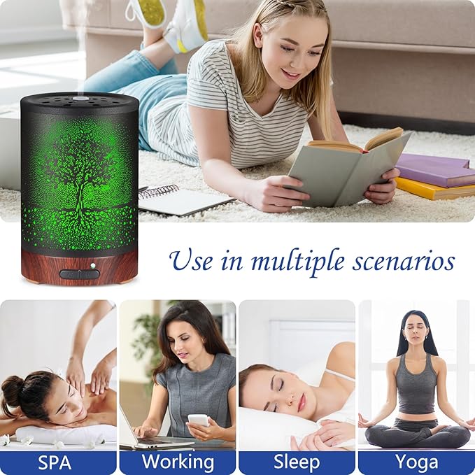 Essential Oil Diffuser- Aromatherapy Diffuser with7 Colors Light and Auto-Off for Women Metal Cool Mist Humidifier for Home and Office for Mom Women(Tree)