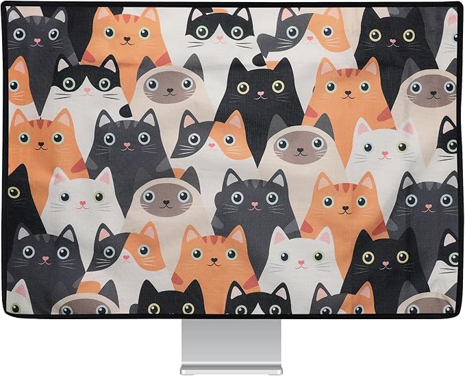 kwmobile Dust Cover for 31-32" Monitor - Linen Monitor Protector with Design - Cats Orange/Black/White