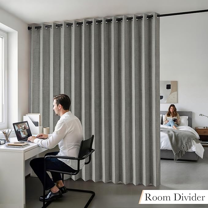 RYB HOME Accordion Style Room Divider Curtain-100% Blackout Folding Accordion Curtain for Sliding Glass Door/Bedroom, Privacy Assurd Living Room/Office Drape 1 Panel with Tieback, W100 x L84, Grey