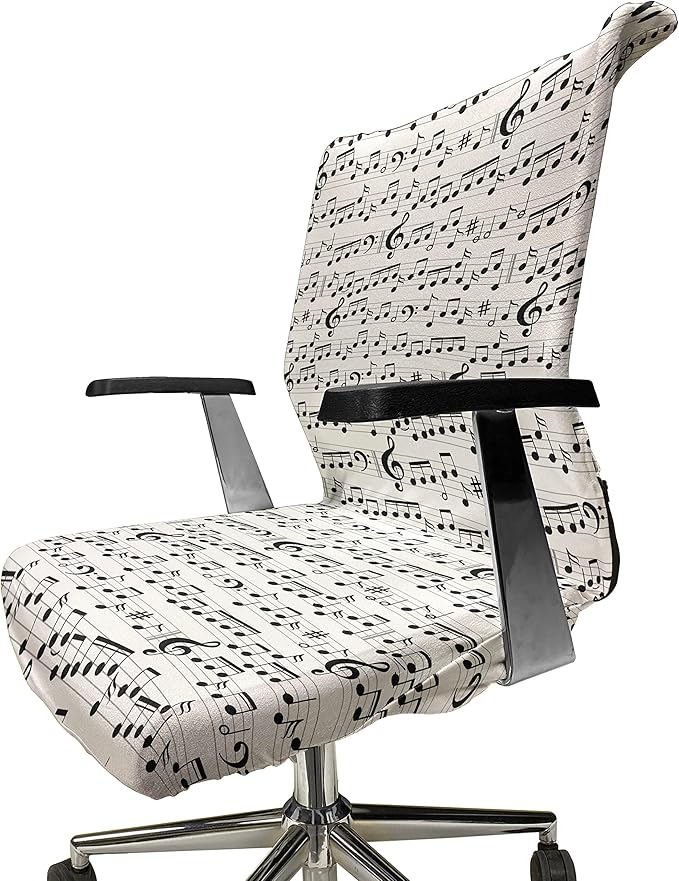 Ambesonne Music Office Chair Cover, Abstract Style Professional Pattern Notes and Clef Sheet Play Writing Print, Stretchable Decorative Universal Size High Back Printed Slipcover, Black and White