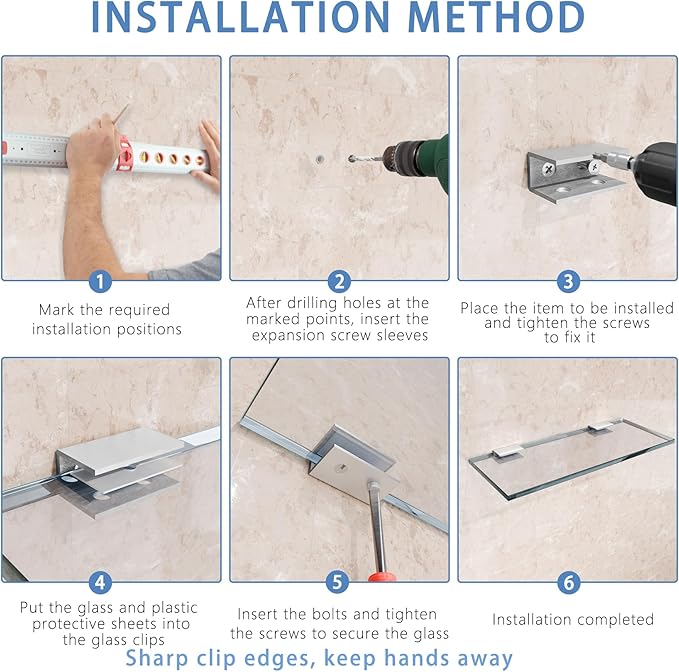 8Pcs Stainless Steel Glass Shelf Clip Clamp Bracket Support Adjustable 304 Stainless Steel Brushed Finish Glass Clip Shelf Brackets Holder Support 0.3" to 0.5"/ 8 to 12mm Thick