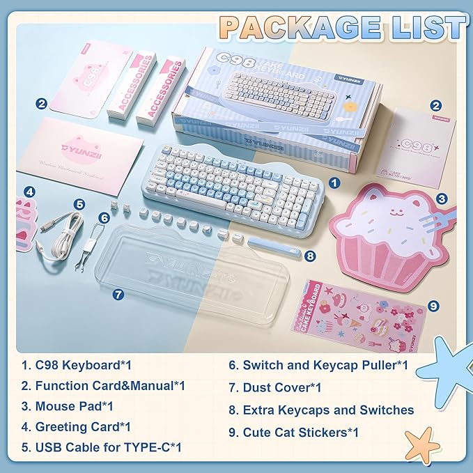 YUNZII C98 Wireless Mechanical Keyboard with Number Pad,98 Key BT5.0/2.4G/USB-C Hot Swap Gasket Mount with PBT MOA Keycaps,Custom RGB,Cute Cake Keyboard for Win/Mac (Blue, Candy Linear Switch)