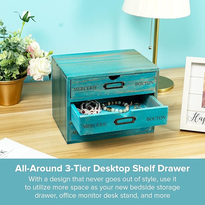Turquoise 3-Tier Drawer Unit - European Country Style Desk Organizer Box - 9.7x7x7.5" Wooden Teal Stackable Drawers - Countertop Organizer Drawers w/Label Holder - Triple File Drawer Unit