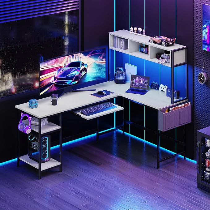 DUMOS L Shaped Gaming Desk 67", Reversible Computer Desk with LED Lights, Corner Desk for Small Spaces with Keyboard Tray & Storage Shelf, Metal Frame PC Gaming Table for Home Office Bedroom, White