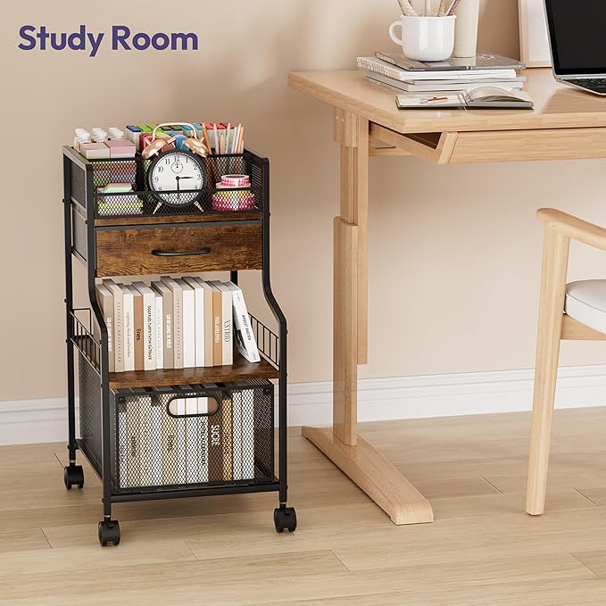 SWTYMIKI Rolling Under Desk Storage - Storage Cart with Drawers & DIY Divider - Art Cart Organizer on Wheels - Craft Rolling Utility Cart for Office, Craft Room & Studio Espresso