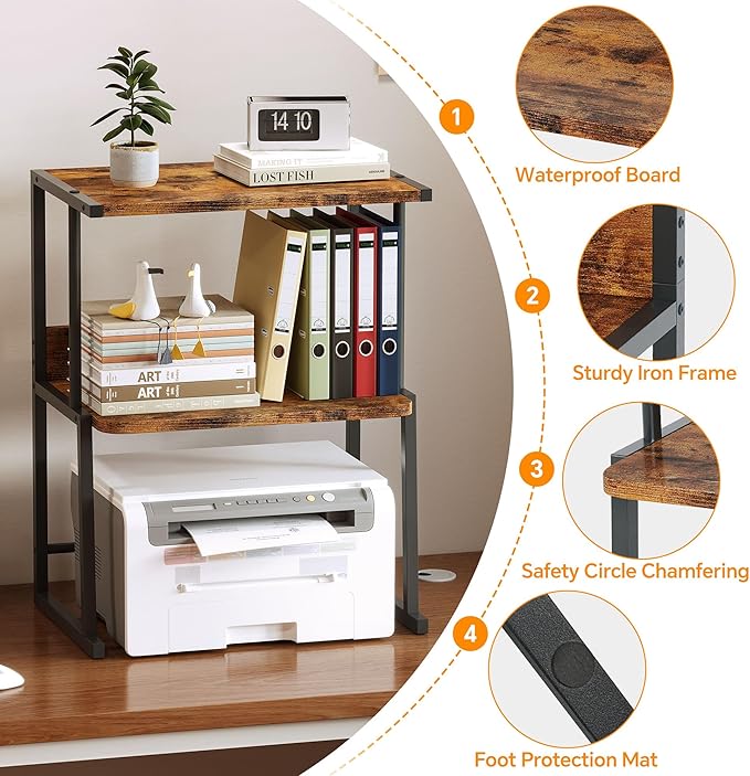 Homeiju 3-Tier Desk Shelf Printer Stand with Storage, Heavy Duty Metal Frame Wood Top Organizer for Home Office, Holds Up to 50lbs, Space-Saving for Home Office, Rustic Brown